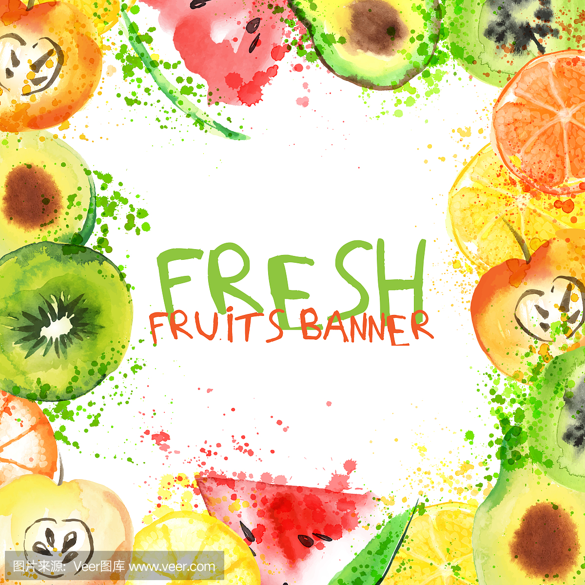 鲜果水彩横幅。水彩苹果,柑橘,鳄梨和奇维在一个横幅与飞溅。健康生活方式横幅与水果和果汁喷溅